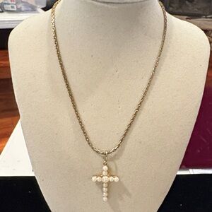 Gold Pearl Cross Pendant Necklace - Women Jewelry